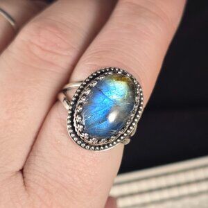 Golden Rutile Quartz and Labradorite Doublet Ring in Sterling Silver, sz 7.5